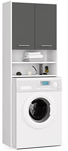 Home Collective Waschmaschinen-Badezimmerschrank - 64 cm breit, 180 cm hoch, Weiß-Graphit - Hochwertige laminierte Platte, großzügiger Stauraum mit 4 Regalen, ABS-Kanten, Silbergriffe