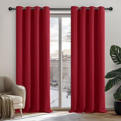 Deconovo Blickdicht Gardinen mit Ösen Vorhang Verdunkelung Verdunklungsvorhänge Vorhänge Wohnzimmer Schlafzimmer Thermogardinen Kälteschutz, 175x140 cm(HöhexBreite), Knallrot, 2er Set