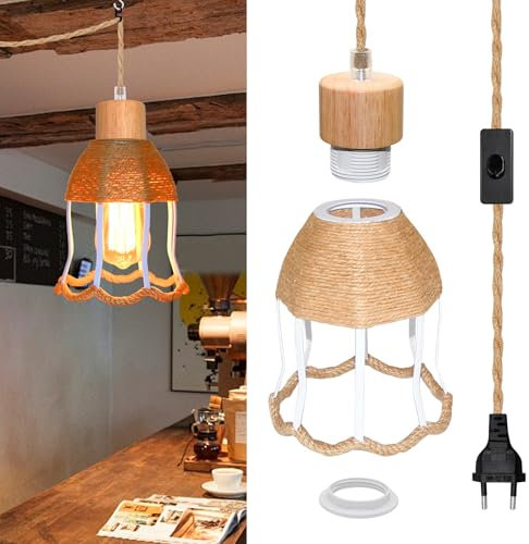 Lustre Corde de Chanvre avec Prise, 5M Câble, Suspension Luminaire Corde avec Interrupteur, Douille E27 avec Blanc Forme de Fleur Abat Jour, Corde Lampe Suspension avec Prise, Sans Ampoule