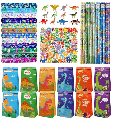 98 Stück Dino Mitgebsel Kindergeburtstag Set,Party Gastgeschenke Kinder,12 Geschenktüte ,12 Schnapparmband,12 Bleistift,12Dinosaurier Spielzeug,50 Aufkleber,Fur Kindergeburtstag Junge Mädchen