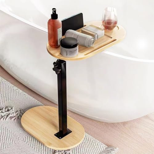 C-Shaped Side End Table, Adjustable Height Bedside Table Over Bed Table Bamboo Bathtub Tray Table for Living Room Sofa Couch Bedroom Modern Design Space Saving Multi Functional Furniture