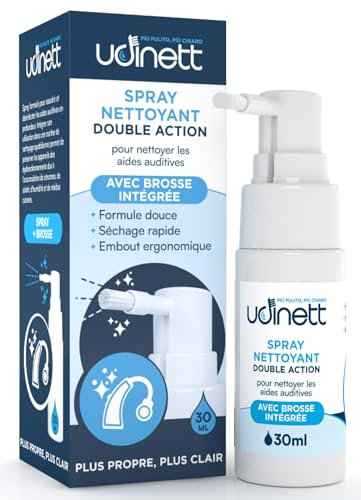 Hearing Aid Cleaning Spray with Integrated Brush 30ml Udinett Sanitizer for Daily Cleaning Earmolds Replacement Domes Earplugs Delicate Formula Quick Drying Eliminates Earwax and Dirt