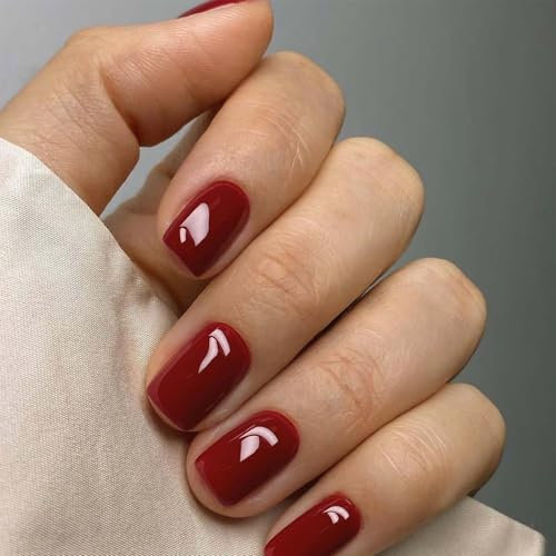 Short Fake Nails - 24Pcs Cherry Red False Nails Square - Burgundy Press on Nails with Glue - Solid Colour Stick on Fingernails Tips with Glue for Women Girls Nail Art