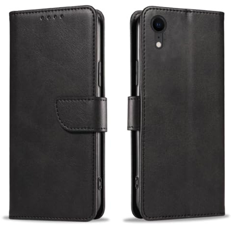 Yisica Funda para iPhone XR, Funda de PU Piel Sintética de Primera Calidad, Funda con Tapa, Cierre Magnético, Funda con Soporte, Negro