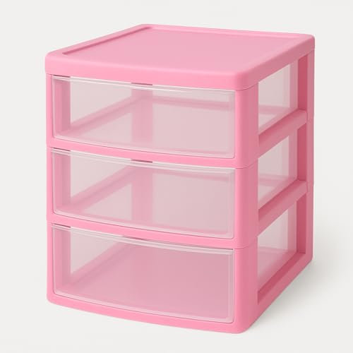 3 Tier Slim A4 Plastic Storage Drawer Tower – Desktop & Tabletop Organizer Unit for Home, Office, School, Garage | Modular Portable Drawers for Stationery, Paper & Craft Supplies (Pink)