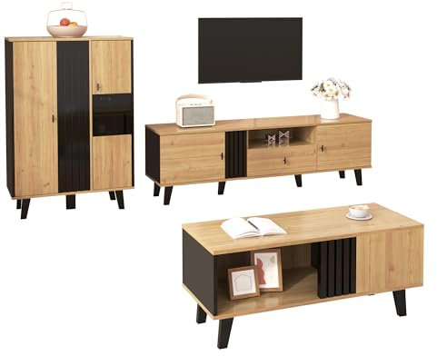 Ensemble meuble salon 3 pièces – table basse, meuble TV et buffet au design moderne scandinave – bois avec accents noirs – surface imperméable facile à nettoyer – grand espace de rangement (Noir+Bois)