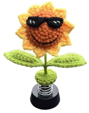scalingscal Gestrickte Sonnenblume Heim,Handgefertigte Gestrickte Sonnenblumen,Auto Sonnenbrille lächelnde Sonnenblume,Auto Innenraum Deko,Shake Wackelkopf Figur Auto,für Dekoration, Verschenken
