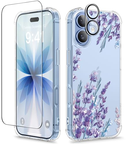 GVIEWIN Kompatibel mit iPhone 17 Hülle 6,3 2025, mit Displayfolie & Kameraschutz, Stoßfest Militärschutz Kratzfest Klar Nie Vergilbung Blumen Dünn Schutzhülle Handyhülle Frauen,Helles Lavendel