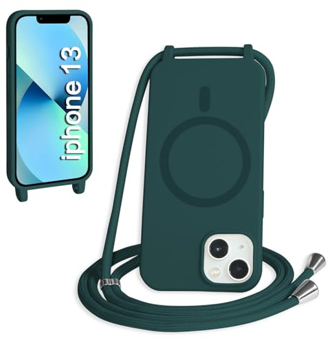 FMPCUON Magnética Funda con Cuerda para iPhone 13 Compatible con Magsafe,TPU Antigolpes Protectora Silicona Case Carcasa con Ajustable Cordon Colgante Cadena,Verde