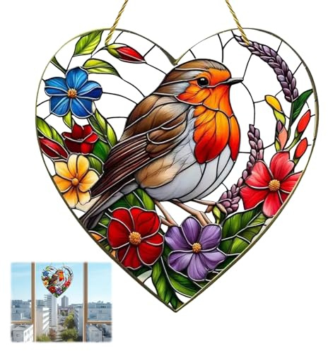 Robin Window Suncatcher, 20 * 20 CM Large Heart-Shaped Suncatchers For Windows Robin, Sun Catcher, Robin Suncatcher Stained Glass, Acrylic Window Hanging for Home Garden Gift Decor
