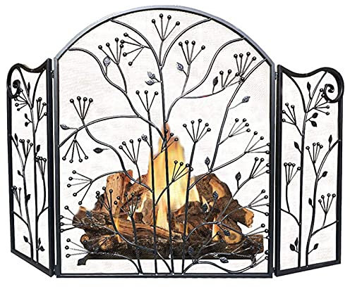 Fireplace Screen Guard, Large Fireplace Screen 3 Panel, Ornate Wrought Iron Black Metal Fire Place Standing Gate Decor Mesh,Spark Guard Cover Outdoor