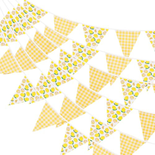 G2PLUS 12m Zitrone Wimpelkette Kinderzimmer: Gelb Weiß Girlanden Hawaii | 42 Stück Karierter Girlande Stoff,15x19cm Sommer Wimpeln Girlande für Zitrone Themen Geburtstagsparty, Taufparty, Garten