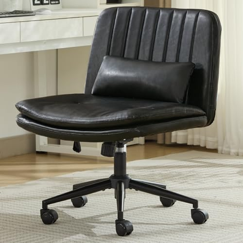 TCGBKAF Bürostuhl ohne Armlehne,Höhenverstellbarer Drehstuhl Schminktisch Stuhl mit Rollen,Schneidersitz Bürostuhl mit Breitem Sitzkissen,Kleiner Schreibtischstuhl Schwarz fürs Büro, Kunstleder
