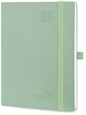POPRUN Kalender 2026 2027 Wochenplaner, ca. A5 Softcover mit PU-Leder | 17-Monate-Terminplaner,(Aug,2026-Dez,2027),1 Woche 2 Seite,ca,A5(21,8 x 16,4cm)(Graugrün)