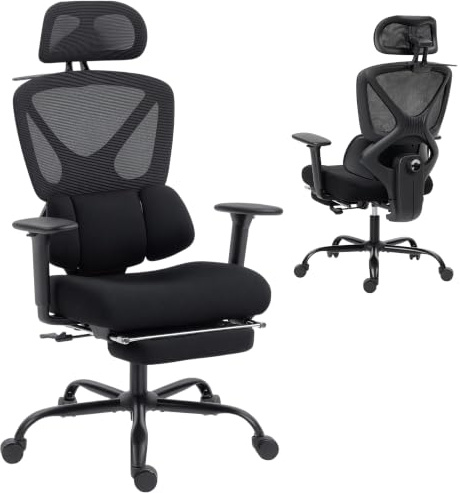 HOMCOM Chaise Bureau Ergonomique Soutien Lombaire Dynamique Adaptatif Noir | Fauteuil de Bureau, Accoudoirs 3D, Dossier Inclinable, Hauteur et Appui-Tête Réglables, Repose-Pieds, Pivotant à 360°