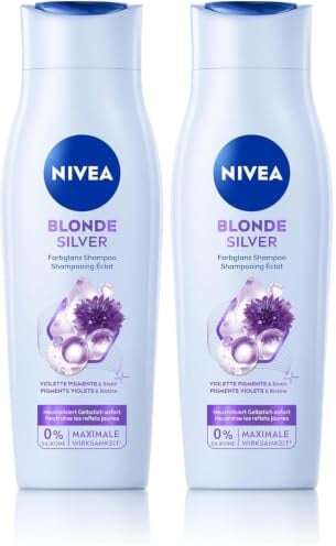 NIVEA Blonde Silver Farbglanz Shampoo 2er-Set (2 x 250 ml), Silbershampoo frischt blondes, silbernes & graues Haar auf, pflegendes Haarshampoo mit Kornblumenextrakt und Biotin