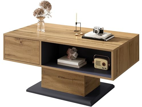 Merax Couchtisch 100x50x46,5 cm, mit doppelseitigem Stauraum, großem Ablagefach & Innenfach, moderner Wohnzimmertisch, Holzoptik, vielseitiger Beistelltisch, Holzfarbe