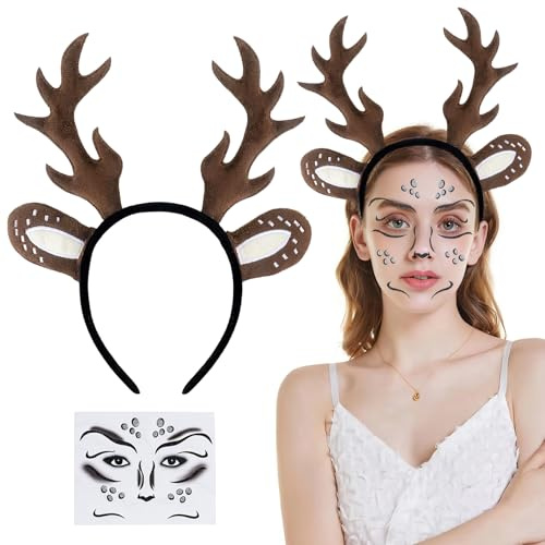 Haarreif Reh Geweih Hörner Rehohren,Reh Kostüm Kopfschmuck Haarreifen,Hirschgeweih Rentier Haarreif,mit Blumen Gesichtstattoo,Karneval Kostüm Damen Mädchen,für Fasching Karneval Mottoparty Cosplay