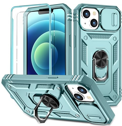 YmhxcY for iphone 13/14 Case with Camera Cover Slider, Screen Protectors,Build in 360°Rotating Ring Kickstand, Military Grade Protective Case for iphone 13/14 6.1-Green 1