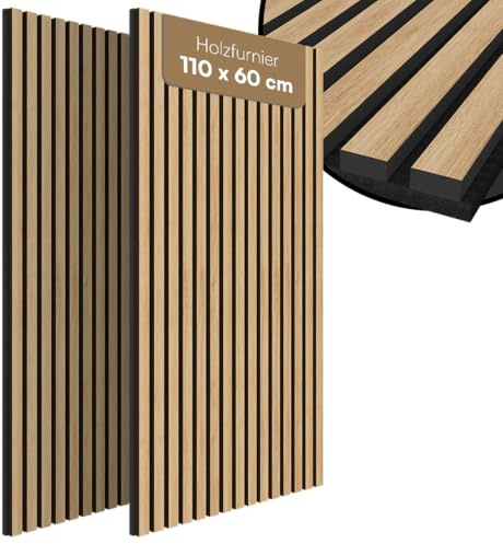 Bellamio Kilwa Akustikpaneele 110x60 cm, 2er-Set, Holzoptik Eiche, 3D | Wandpaneele, Wandverkleidung, Akustik Holzpaneele als Schallabsorber, Lamellenwand für Innen, Wall Panel mit Schallschutz