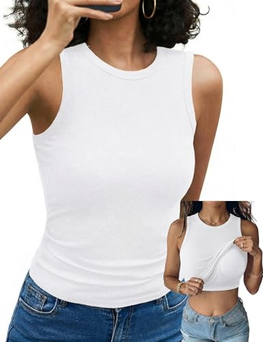 Aottori Vest Tops Women UK Built in Bra Summer Tank Top Crew Neck Sleeveless Vests Ribbed Fitted Casual Basic Camisole Shirt White M