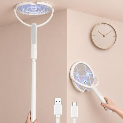 Handity Elektrische Fliegenklatsche, 4000V Insektenvernichter mit Teleskopstange，1800mAh Akku, 2-in-1 USB-C Mückenfalle mit Rotierendem Kopf und Ladestation, für Innen und Außen (2 Stück)