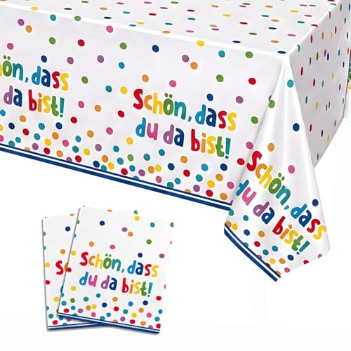 COMOOKA 2 Stück Tischdecken Geburtstag Einwegtischdecke aus Kunststoff | Abwischbar Tischdecke mit Bunten Punkten Motiven, Schön dass du da bist Tischdeko für Geburtstag, Hochzeit, Babyparty