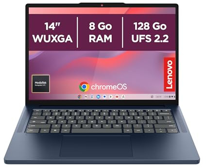 Lenovo Chromebook 14M8911 - Ordinateur Portable 14'' WUXGA (MediaTek Kompanio 540, RAM 8Go, SSD 128Go, Arm Mali-G57 MC2 GPU, Chrome OS) Clavier AZERTY Français - Cosmique Bleu
