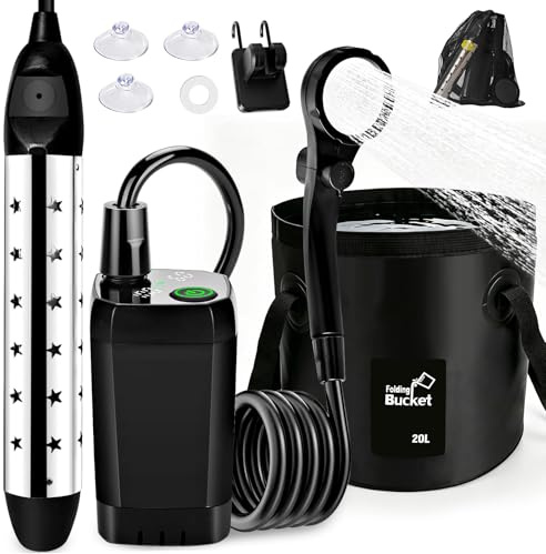 Ducha Portatil Agua Caliente 6000 mAh, Ducha Portatil Camping | con Función de Calefacción y Cubo Plegable de 20 L, Batería de Ducha de Camping con Indicador de Temperatura para Viajes al