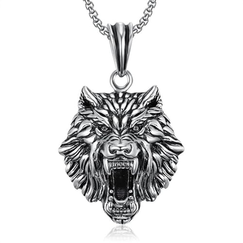 BOBIJOO Jewelry - Pendentif Collier Homme Tête de Loup Acier Inoxydable 316L Massif Plein Argent Noir Chaîne