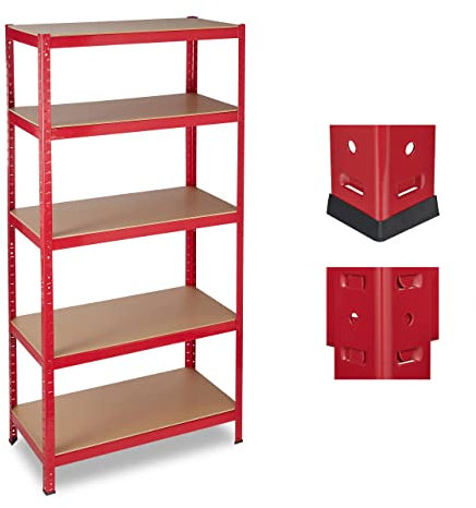 Relaxdays 2 x Schwerlastregal, Traglast 1325 kg, 5 Ebenen, zum Stecken, Keller, Garage, HxBxT: 180 x 90 x 45 cm, Stahl, MDF, rot