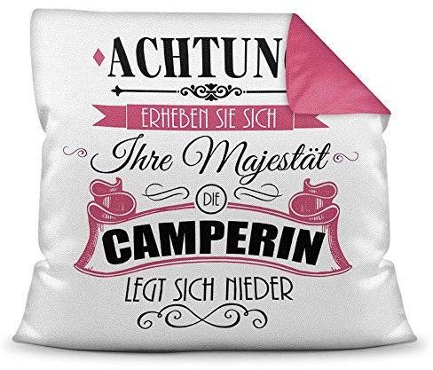 Print Royal Kissen mit Spruch für Camper - Ihre Majestät die Camperin legt Sich nieder - Camping/Urlaub/Deko Wohnmobil/Geschenkidee - Farbkissen Rückseite Pink