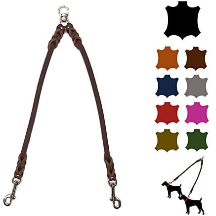 Doppelleine für 2 Hunde/Koppelleine Fettleder/Verbindungsleine Kleine und Große Hunde (55cm Breite: 12mm, Braun)
