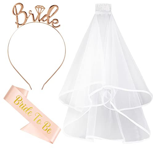 3 Stück Junggesellinnenabschied-Zubehör mit Schärpe für die zukünftige Braut, Stirnband, Tiara, 2-stufiger Brautschleier mit Kamm für Junggesellinnenabschiede, Dekorationen,