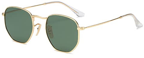 Dollger Kleine Polarisiert Sonnenbrille Damen Retro Hexagon Herren brille Metallrahmen Square Brillen UV 400 Schutz Grüne Linse und Goldener Rahmen