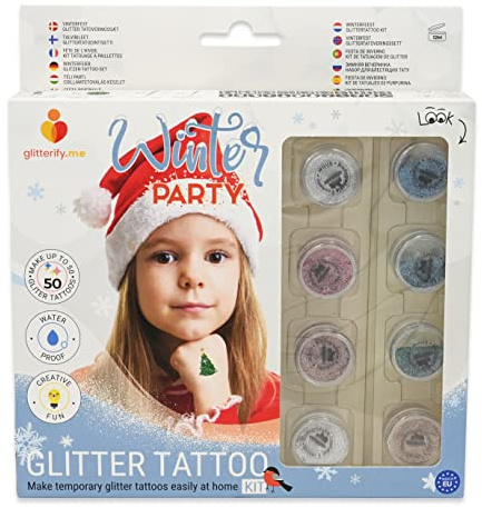 Winterfeier Glitzer-Tattoo-Set mit biologisch abbaubarer Glitzer – Hergestellt in der EU, kosmetische Qualität – Glitzer-Tattoo-Set für Mädchen, für Kinder, für Jungen