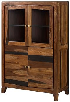 Massivmoebel24.de | Ancona Highboard aus Massivholz #230 | aus Sheeshamholz - Dunkelbraun, lackiert | 8 Fächer | 100 x 45 x 150 cm | Wohnzimmerschrank mit Glastüren und Glasböden