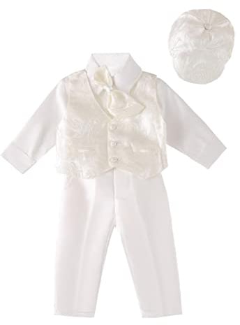Lito Angels Vetement Tenue de Bapteme Costume Blanc/Ivoire avec Bonnet pour Bebe Garcon, Taille 6 a 18 Mois, Manche Longue