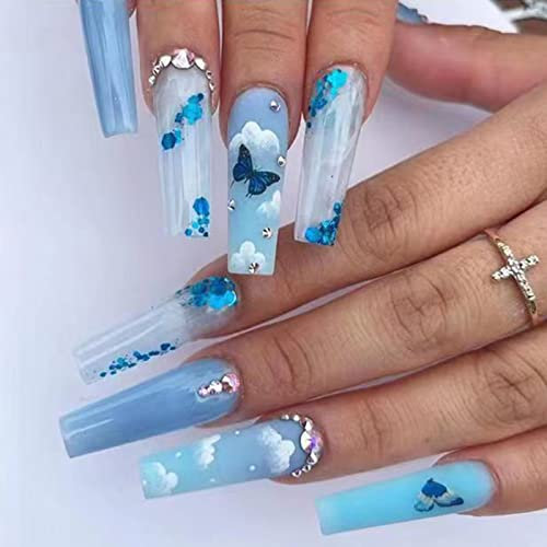 RUNRAYAY Blue Butterfly Fake Nails Kit Technology, Extra Long Press on Nails, Women Faux Nail Ongles, Acrylic Nails Decoration 24Pcs