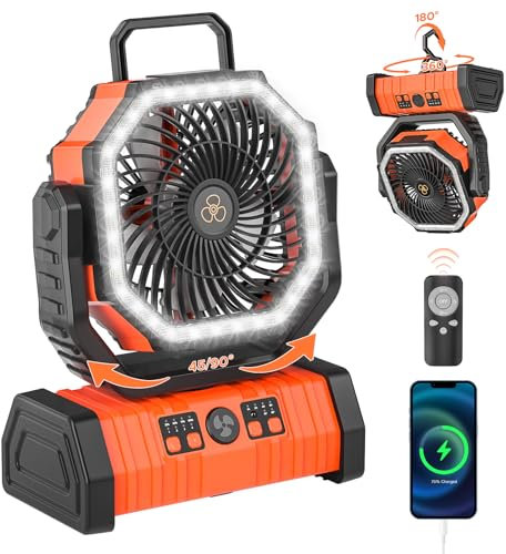 Rechargeable Camping Fan with LED Lantern, 20000mAh 60hrs Auto-Oscillating Battery Operated Desk Fan with Remote/Hook/Timer, Portable Fan for Picnic, Fishing, Tent, RV, Power Outages, Hurricane