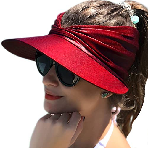 Baynetin Womens Sun Visor Hat Wide Brim UPF 50+ UV Protection Summer Topless Beach Hat Foldable Quickly-Dry Sun Protection Beach Sport Cap (Wine Red)