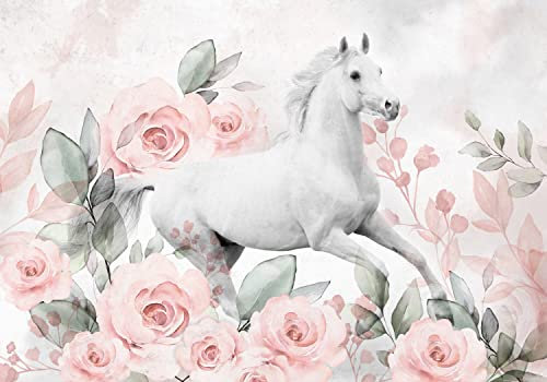 decomonkey Premium Fototapete Pferd 350x256 cm Design Tapete XXL Fototapeten Vlies Tapeten Vliestapete Wandtapete moderne Wand Schlafzimmer Wohnzimmer Kinderzimmer Rosen Rosa Blumen Beton Optik Tiere