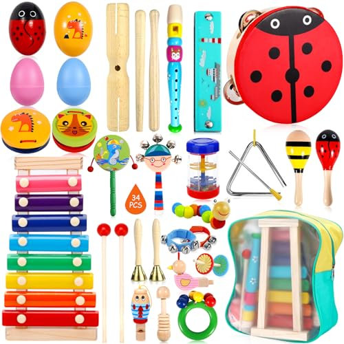 GUHAOOL Instruments de Musique pour Enfants,34PCS Ensemble de Jouets Musicaux Bois,Instrument Percussion Enfant avec Xylophone et Sac de Transport pour Cadeau de Noël pour Un Anniversaire pour 1+ Ans