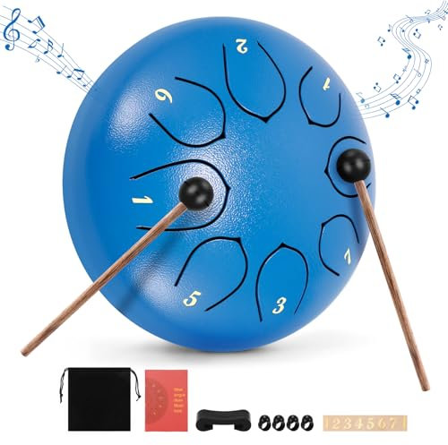 Steel Tongue Drum, 6 Zoll 8 Töne Zungentrommel Pan Drum Percussion Steel Instrument Handpan Steel mit Tragetasche, 2 Trommelstöcken, 4 Fingerlingen, Geeignet für Klangheilungsmeditations-Yoga (Blau)