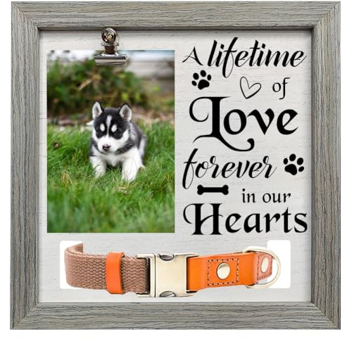FINGERINSPIRE Bilderrahmen Für Hunde Und Katzen Haustier Verlust Schild 23x23 cm A Lifetime Of Love Forever In Our Hearts Haustier Bilderrahmen Mit Foto Clip Und Halsbandhalter Holzrahmen Für Hunde