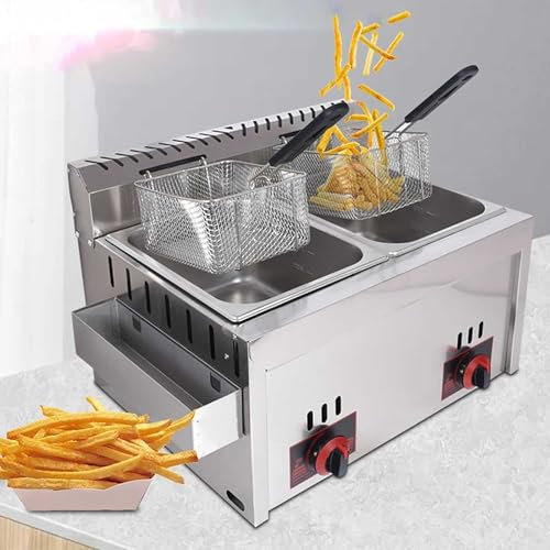 DJXLMN Friteuse à gaz à double réservoir en acier inoxydable de qualité supérieure - Capacité de 10 l x 2 - 2 paniers - Contrôle manuel de la température - Idéal pour les cuisines commerciales et un