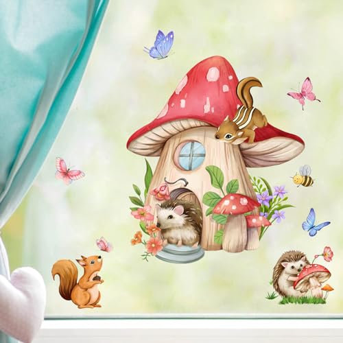 WandSticker4U®- Fensterbilder Kinder Tiere PILZHAUS selbstklebend (56x42 cm) I Fenstersticker Kinder Tiere im Wald I Fensteraufkleber Fensterdeko Kinderzimmer Mädchen Junge Baby Frühling Sommer
