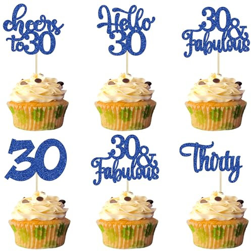30Pcs Happy 30th Birthday Cupcake Toppers Deep Blue Glitter Thirty Cheers to 30 Birthday Cupcake Picks for Happy 30th Birthday Anniversary Party Cake Decorations Supplies