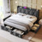 Kehun Polsterbett Doppelbett 140x200 cm mit USB-Kopfteil, Stauraumbett mit 4 Stauraum Schubladen, Bett Bettgestell mit Lattenrost aus Holz, Leinen, Grau, Ohne Matratze