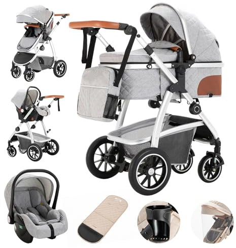 Gcarebb 3 in 1 Kinderwagen, Buggy Mit Auto Babyschale, Mit Höhenverstellbarer Kinderwagen Komplettset, KombiKinderwagen Mit Aluminiumrahmen für Neugeborene 0-4 Jahre